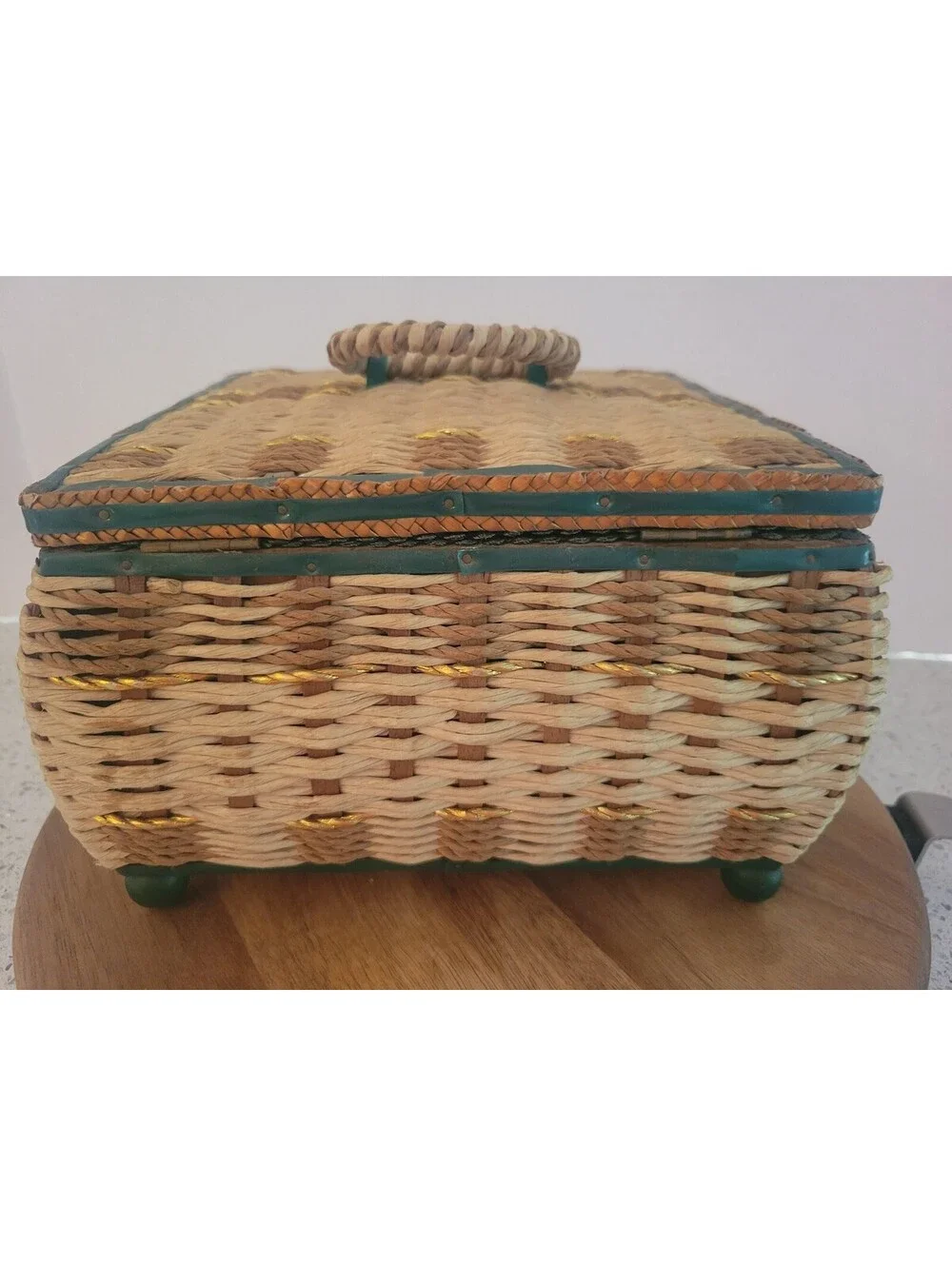 Vintage Dritz Brown Wood Wicker Musical Sewing Basket Green Lining